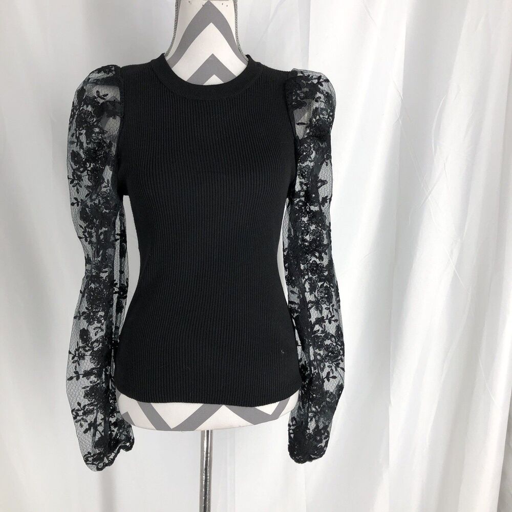 Peach Top Black Ribbed Lace Floral Puff Sleeves Sz Large Embroidered